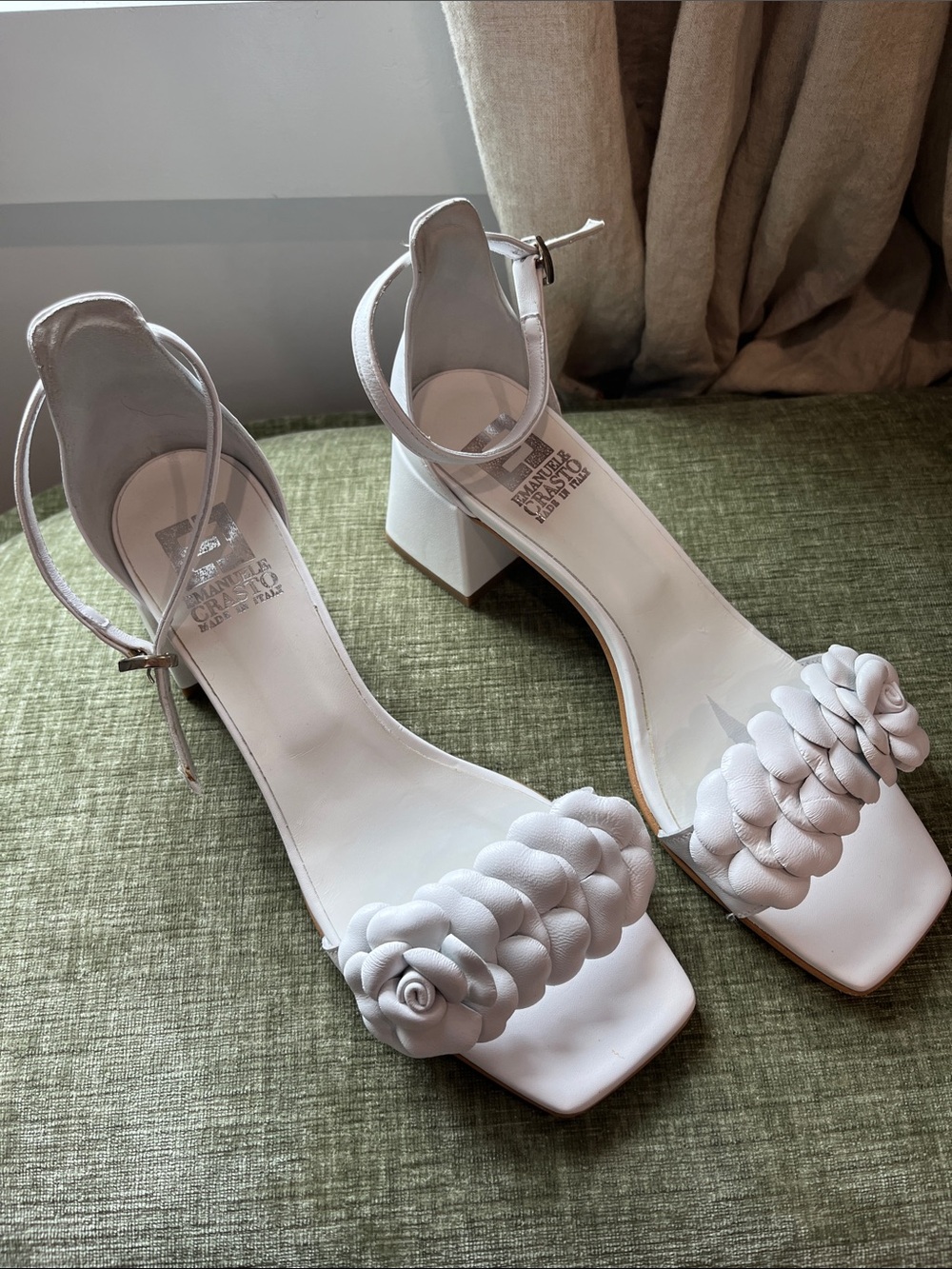White Floral Braided Strap Block Heel Sandals - Women's